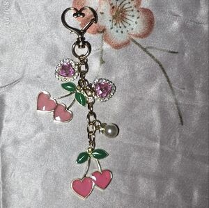 Pink Heart cherries and Green Leaf bagcharm